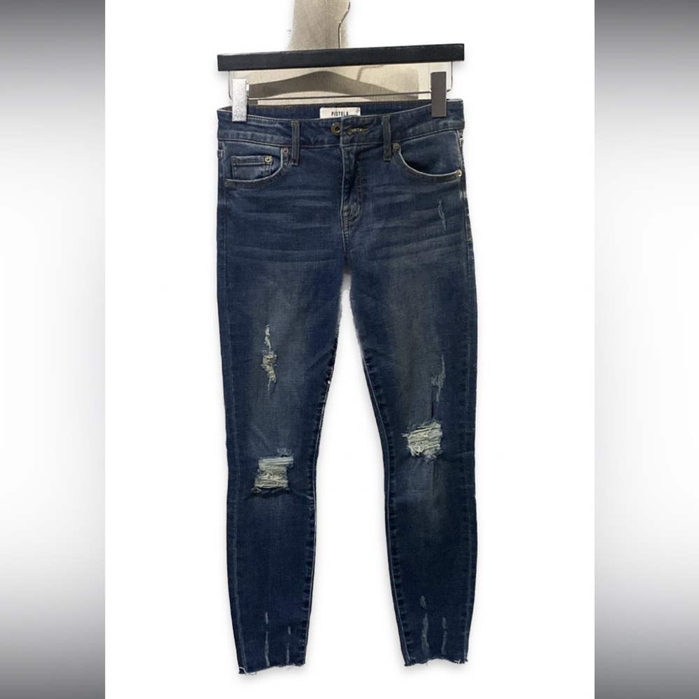 Pistola Jeans Size 26 Mid Rise Washed Distressed Dark Blue Raw Hem Skinny